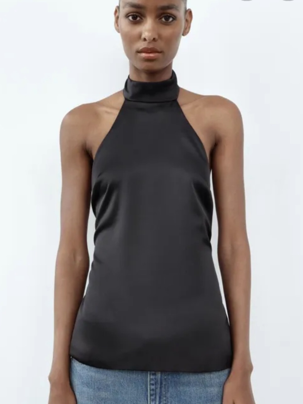 Zara Black One-Shoulder Satin Halter Top